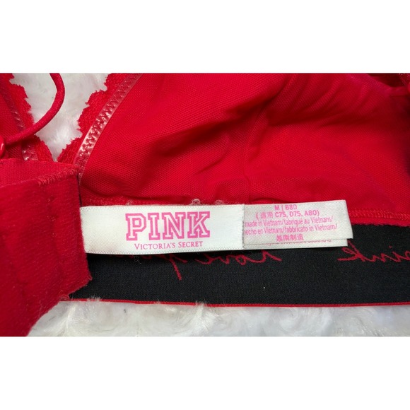 Victorias Secret PINK Red Floral Lace Strappy Back Bralette Love Band Medium - Picture 2 of 6